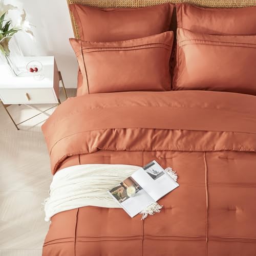 Yogeneg King Size Comforter Set 7 Piece Bed in a Bag,Grid Pinch Pleat Terracotta Bedding Set,Striped Textured Soft Microfiber Comforter with Sheet Set,All Season Complete Bed Set(Terracotta,King)