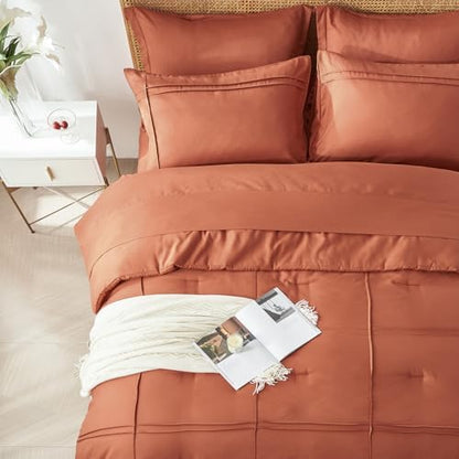 Yogeneg King Size Comforter Set 7 Piece Bed in a Bag,Grid Pinch Pleat Terracotta Bedding Set,Striped Textured Soft Microfiber Comforter with Sheet Set,All Season Complete Bed Set(Terracotta,King)