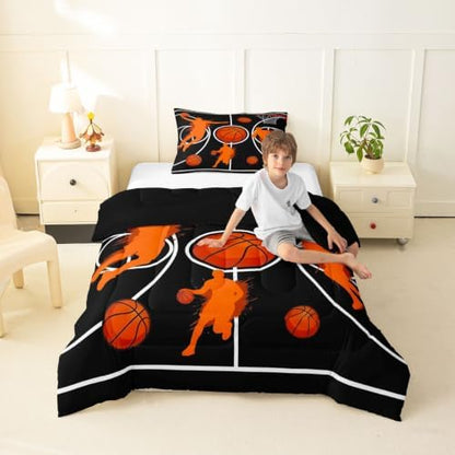 Basketball Court Comforter Set Twin Size,Ball Sport Games Theme Bed in a Bag 2Pcs for Kids Girls Boys Teens Room Decor,Basketball Hoop Sports Duvet Insert Geometric Lines Down Comforter,1 Pillowcase