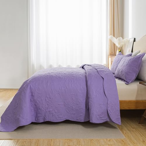 HoneiLife Queen Quilt Bedding Set - 3 Piece Microfiber Quilt Sets Lightweight Bedspreads Reversible Coverlets Rustic Bed Cover Floral Bedding Set All Season Quilts-Purple