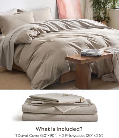JELLYMONI 100% Washed Cotton Khaki-Beige Duvet Cover Full, Linen-Like