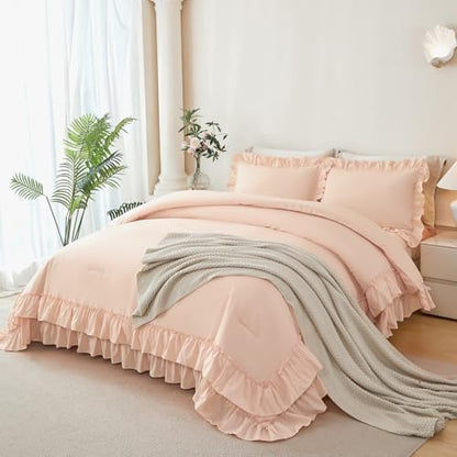 ANGIYUIN 5Pcs Pink Girls Twin Comforter Set Ruffle Bed in A Bag with Sheets