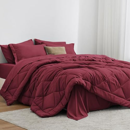 Love's cabin Full Comforter Set Burgundy, 7 Pieces Full Bed in a Bag, All Season Bedding Sets with 1 Comforter, 1 Flat Sheet, 1 Fitted Sheet, 2 Pillowcase and 2 Pillow Sham