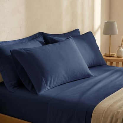 BIOWEAVES 100% Organic Cotton Sheets, 300 Thread Count 3-Piece GOTS Certified Bed Sheet Set Fits Mattress Upto 17" Deep Pocket, Soft & Silky Sateen Weave (Twin, Navy Blue)