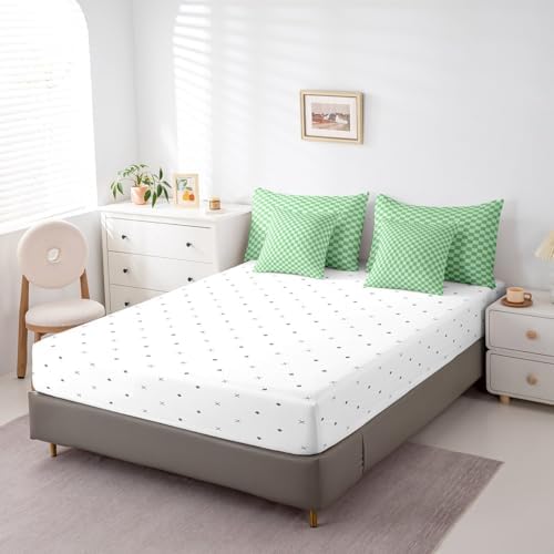 jejeloiu Green Bedding Set 7Pcs King Size Kids Buffalo Plaid Comforter Set with Sheets for Boys Girls Checkered Grid Bed in a Bag Soft Lightweight,Microfiber