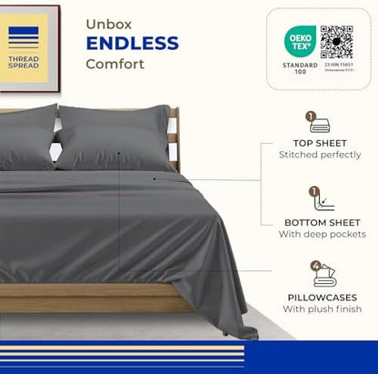 THREAD SPREAD Egyptian Cotton Sheets King Size - 1000 Series High Thread Count Cotton King Size Sheets Set (6 PC, Dark Grey), 16" Snug Fit Deep Pocket, Sateen Weave Ultra-Soft Hotel Luxury Sheet Set