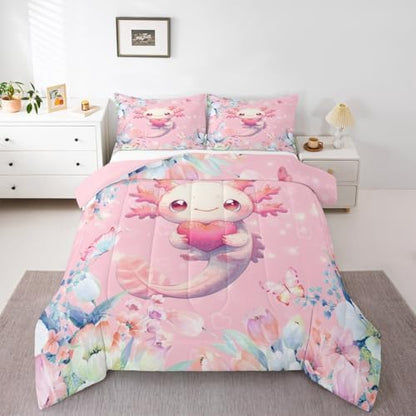 Feelyou Pink Cute Axolotl Comforter Set Queen Size Kids Cartoon Salamander Bedding Set for Boys Girls Flower Floral Print Duvet Quilt Kawaii Reptile Animal Ocean Sealife Room Decor