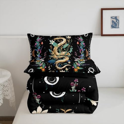 Boho Snake Comforter Set Queen Size,Watercolor Floral Leaves Bedding Set 3Pcs,Sun and Moon Quilted Duvet for Kids Girls Boys Teens Room Decor,Exotic Style Black White Down Comforter,2 Pillowcases
