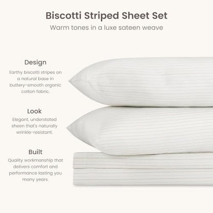 BIOWEAVES 100% Organic Cotton Sheets, 300 Thread Count 4-Piece GOTS Certified Bed Sheet Set Fits Mattress Upto 17" Deep Pocket, Soft & Silky Sateen Weave Twin XL, Natural/Biscotti Stripes