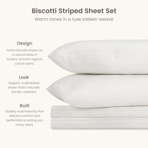 BIOWEAVES 100% Organic Cotton Sheets, 300 Thread Count 4-Piece GOTS Certified Bed Sheet Set Fits Mattress Upto 17" Deep Pocket, Soft & Silky Sateen Weave Cal King, Natural/Biscotti Stripes