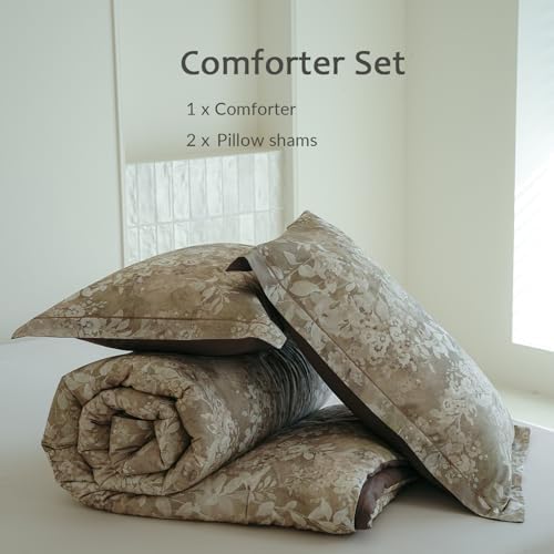 Floral Comforter King Size - 100% Long Staple Cotton Gradient Brown Leaf Reversible Comforter Set 3pcs, Soft Breathable Hypoallergenic Bedding Set