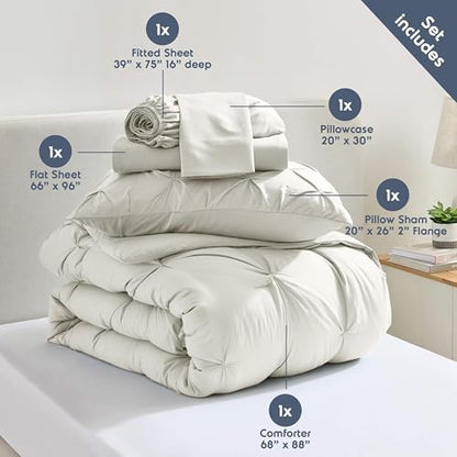 Nestl 7 Piece Twin Comforter Set – Off White Pinch Pleated Bed in a Bag – Complete Twin Size Bedding Set with Sheets, Set of 2 Cooling Pillows, Pillowcase and Sham