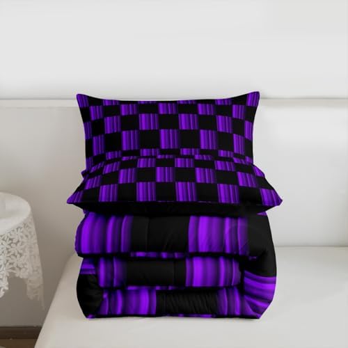 Feelyou Checkered Bedding Set for Boys Girls Abstract Ombre Comforter Set Toddler Size Modern Geometric Purple Black Duvet Quilt Cute Neutral Aesthetic Plaid Bedroom Decor 2 Pcs with 1 Pillow Cases
