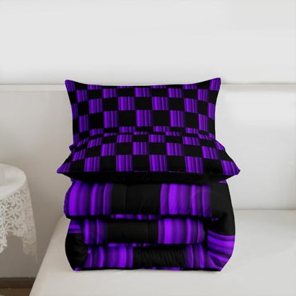 Feelyou Checkered Bedding Set for Boys Girls Abstract Ombre Comforter Set Toddler Size Modern Geometric Purple Black Duvet Quilt Cute Neutral Aesthetic Plaid Bedroom Decor 2 Pcs with 1 Pillow Cases