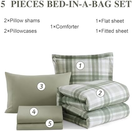 Plaid Twin XL Comforter Set Green 5 Pieces Bed in a Bag for College Dorm