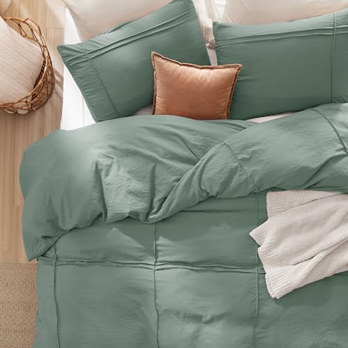 Bedsure Grid Boho Duvet Cover Queen, Textured Bedding, 3-Piece, Green