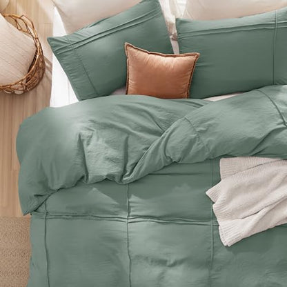 Bedsure Grid Boho Duvet Cover Queen, Textured Bedding, 3-Piece, Green