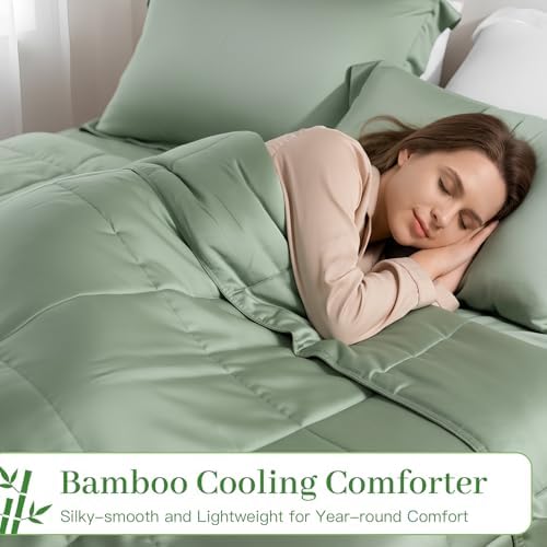 NEXHOME PRO 100% Viscose from Bamboo Comforter Queen Size - Ultra-Soft, Breathable, Lightweight All-Season & Summer Duvet Insert, Natural Temperature Regulating for Cooling Sleep Sage Green