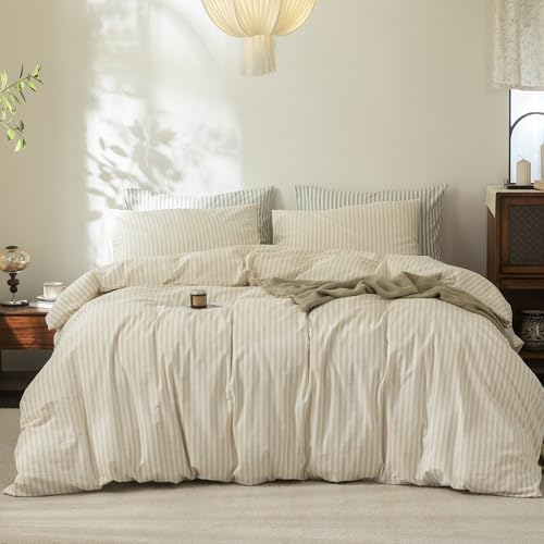 FOSSA Striped Duvet Cover Set 100% Washed Cotton Linen Feel Full
