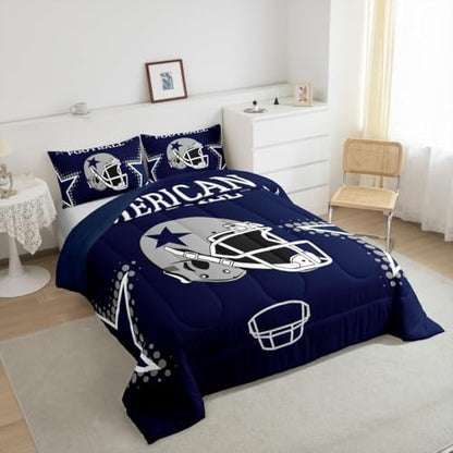 American Football Comforter Set Queen Size Rugby Helmets Bedding Set 3pcs for Kids Boys Teens Men Bedroom Decor Ball Sports Gaming Quilted Duvet Modern Grey Stars Print Duvet Insert,Navy Blue