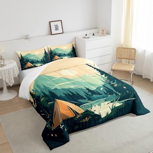 Happy Camping Comforter Set Twin Size,Sunset Mountain Camper Bedding Set for Kids Teens Adults Room Decor,Lake Tree Woodland Duvet Insert 2Pcs,Nature Scenery Camper Adventure Quilt Set,1 Pillowcase