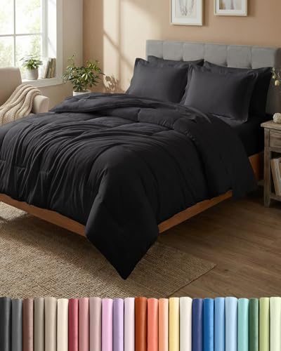 King Comforter Set - 7 Piece Bed in a Bag King Size Bed Set, Soft - Black