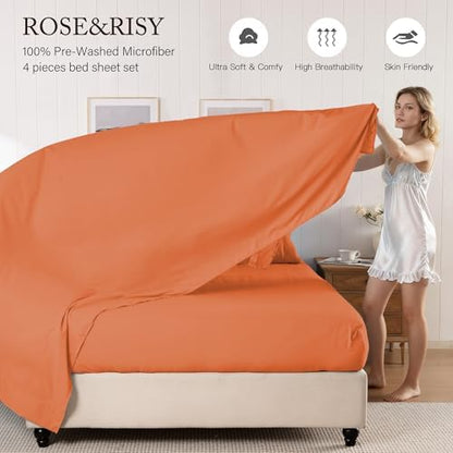 ROSE&RISY Burnt Orange Queen Sheet Set, Pre-Washed Cotton-Like Brushed Microfiber, 4 Pcs Super Soft Breathable Cooling Bed Sets,Includes 1 Fitted, 1 Flat, 2 Pillowcases(Burnt Orange, Queen)