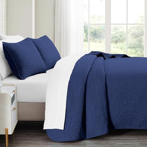 akkialla King Quilt Bedding Set,Navy Blue Ultrasonic King/Cal King Quilt Set,Lightweight Soft Bedspread Coverlet,Modern Style Coin Pattern Bed Cover for All Seasons,3 Piece(1 Quilt,2 Pillow Shams)