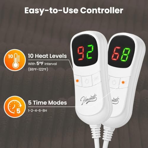 Homemate Electric Heated Heating Blanket Queen Size 84"x90" Dual Control