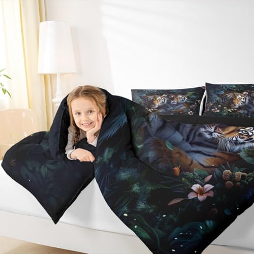 Couple Tiger Kids Comforter Set Full Size,Floral Palm Leaf Tropical Plant Botanical Bedding Set,Girls Boys Room Decor,Wild Animal Tiger Fur Quilt Comforter,Brown Rustic Duvet Insert,2 Pillowcases