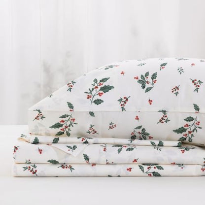 DAUAOTO Twin Cotton Sheets Set Christmas Printed Bedding Sets, Up to 14" Deep Mattress, Holiday Bedlinen Holly Berries Pattern