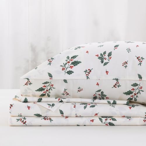 DAUAOTO Christmas Cotton Sheets Set Twin XL Printed Bedding Sets, Up to 14" Deep Mattress, Holly Berries Pattern Bedlinen for Twin Extra Long Bed Green