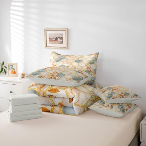 Erosebridal Honeycomb Bedding Set for Kids Teens,Marble Hexagon Comforter Set King Size,Patchwork Geometric Leaves (Comforter+Fitted+Flat Sheet+2 Pillowcases+2 Throw Pillow Covers) 7 Pieces Bed Set