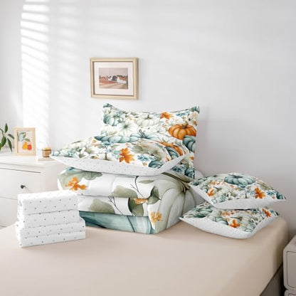 Erosebridal Fall Harvest Pumpkin Queen Comforter Set 7 Piece Maple Leaf Print Bed in A Bag with Sheets for Kids Boys Girls Adultsthanksgiving Decor Bedding Set Watercolor Bed Set
