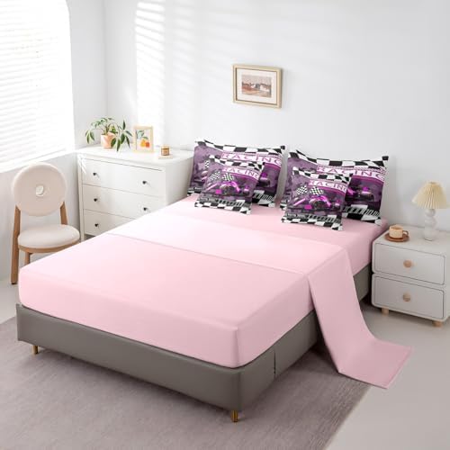 Purple Black Race Car 7 Pieces Bedding Set Twin Bed in a Bag,Racing Car Extreme Sports Comforter Set with Comforter,Flat,Fitted Sheet,Pillowcases,Pillow Covers,Kids Military Camouflage Print Bedding