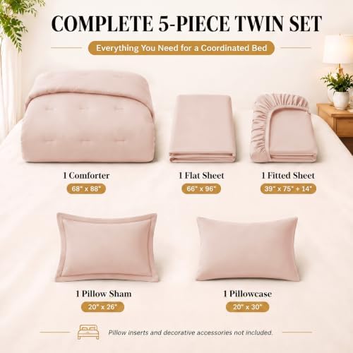 CozyLux Twin Comforter Blush Pink, 5 Pieces Bed in a Bag