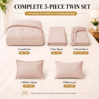 CozyLux Twin Comforter Blush Pink, 5 Pieces Bed in a Bag