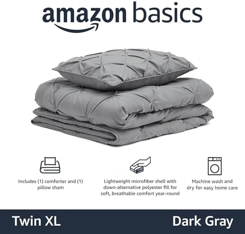 Amazon Basics 2 Piece Soft, Lightweight Down-Alternative All-Season Comforter and Bedding Set, Pinch Pleat, Twin/TwinXL, Dark Grey