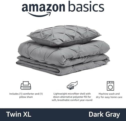 Amazon Basics 2 Piece Soft, Lightweight Down-Alternative All-Season Comforter and Bedding Set, Pinch Pleat, Twin/TwinXL, Dark Grey