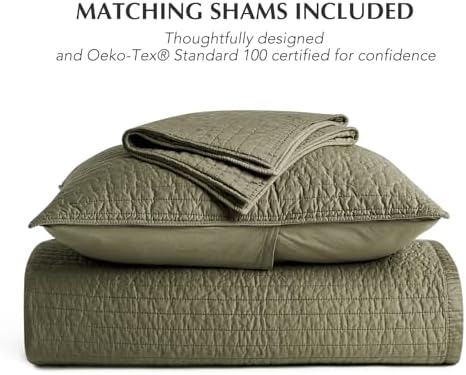 EVERGRACEHOME Cotton Sateen Quilt Set, Oversized Cal King, Olive Green