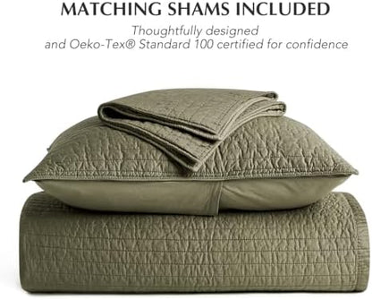 EVERGRACEHOME Cotton Sateen Quilt Set, Oversized Cal King, Olive Green