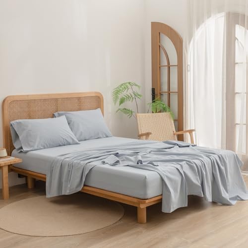 BESTOUCH King Washed Cotton Linen Feel Sheet Set 4 Pcs Cornflower Blue
