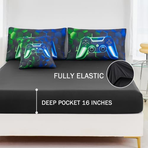 URBONUR 6Pcs Gaming Comforter Set Twin Size for Boys Girls Blue Green