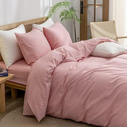 BESTOUCH Cotton Solid Duvet Cover Set Linen Feel Red Pink Twin