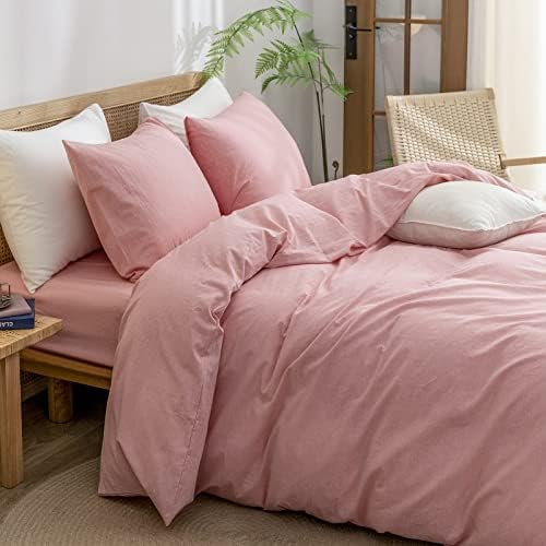 BESTOUCH Cotton Solid Duvet Cover Set Linen Feel Red Pink Queen