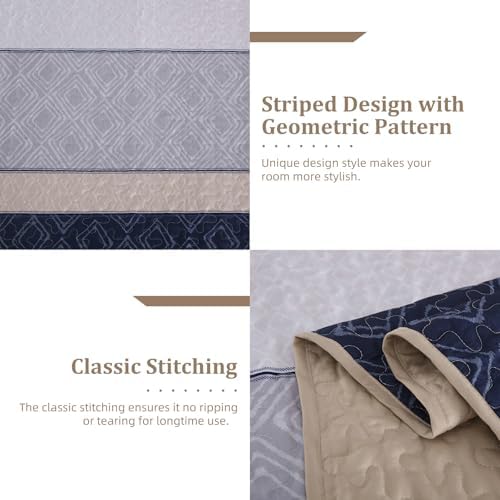 Cottolester Quilt Set Queen,3 Pcs Khaki Navy Blue Striped Plaid Bedspread