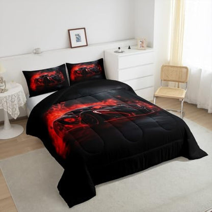 Erosebridal Red Race Car Toddler Size Bedding Set Boys Red Black Racing Car Comforter for Kids Girls Racing Car Room Decor Bedding Collection Extreme Sports Gaming Down Comforter,Soft Microfiber