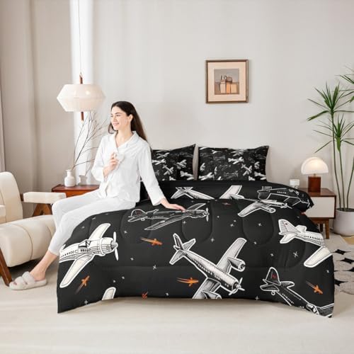 Erosebridal Boys Cartoon Airplane King Bed in A Bag, Modern Aircraft Comforter Set with Sheets, Black and White 7 Pcs Bedding Set, Aviation Theme Bed Sets for Kids Men Bedroom Decor