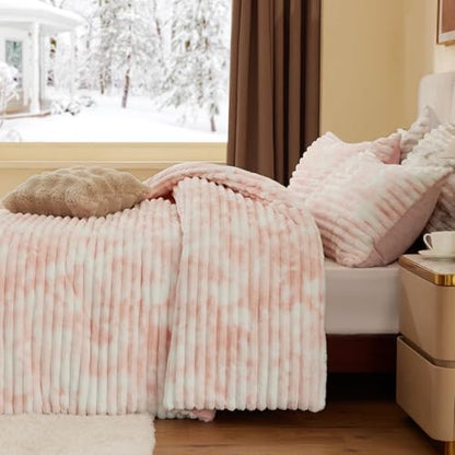 BEDELITE Fleece Queen Comforter Set, Fluffy Bed Set, Pink&White