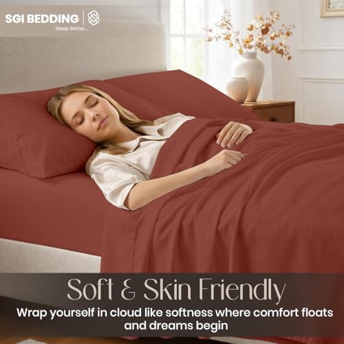 SGI bedding 100% Egyptian Cotton Sheets Full XL Size – Cooling Sheets, Soft Breathable Terracotta Bedding, Luxury Bedding, Luxury Hotel Sheet Set, Deep Pocket 18", 4 Piece Set